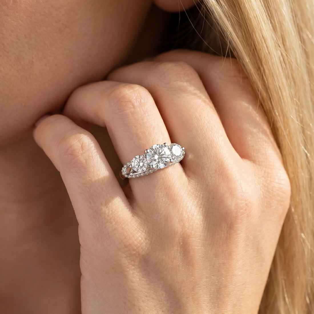White gold Round Diamond Three-Stone Ring with Prong Setting and Pavé Band_26
