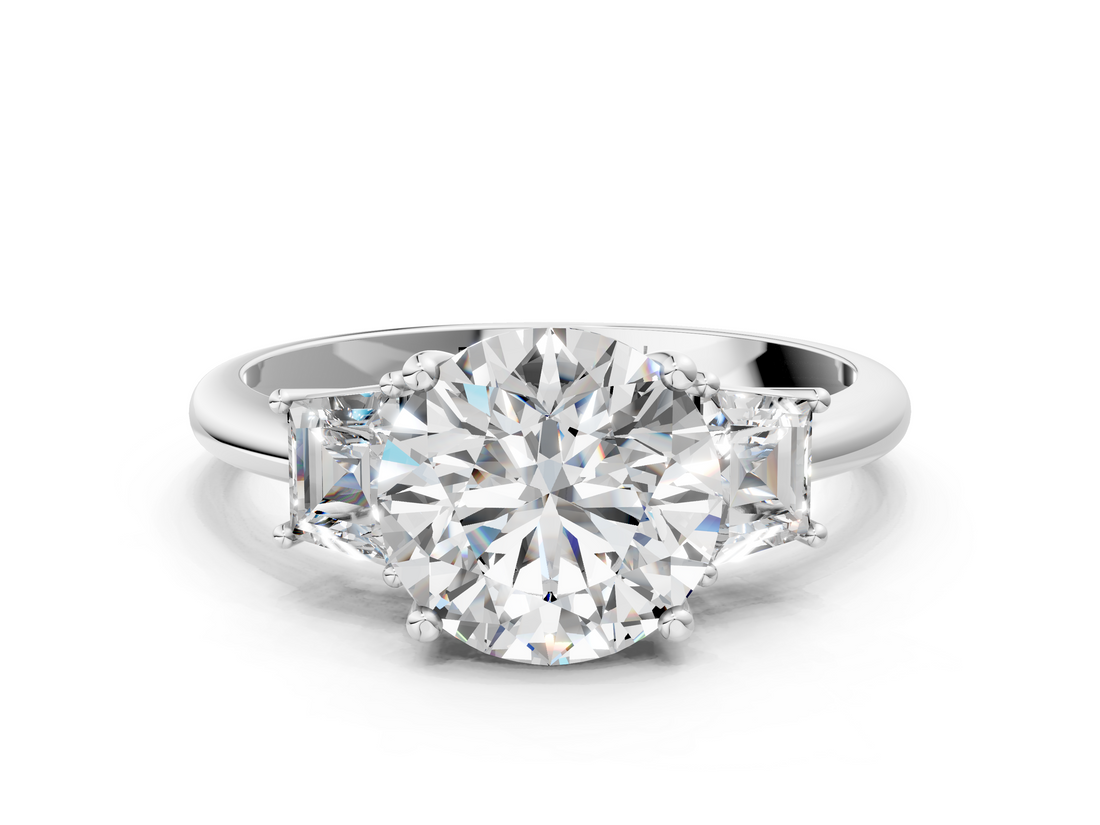 White gold Round Diamond Three-Stone Ring with Trapezoid Side Stones and Prong Setting_33