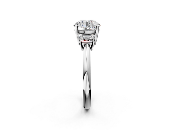 Platinum Round Three Stone Engagement Ring Setting with Trapezoid Side Stones and Prong Head