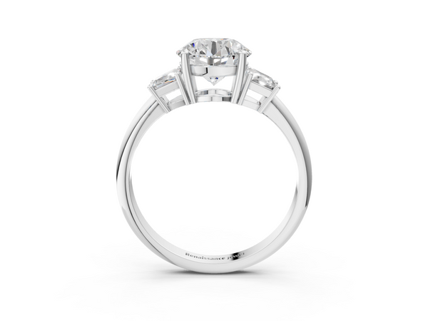 Platinum Round Three Stone Engagement Ring Setting with Trapezoid Side Stones and Prong Head