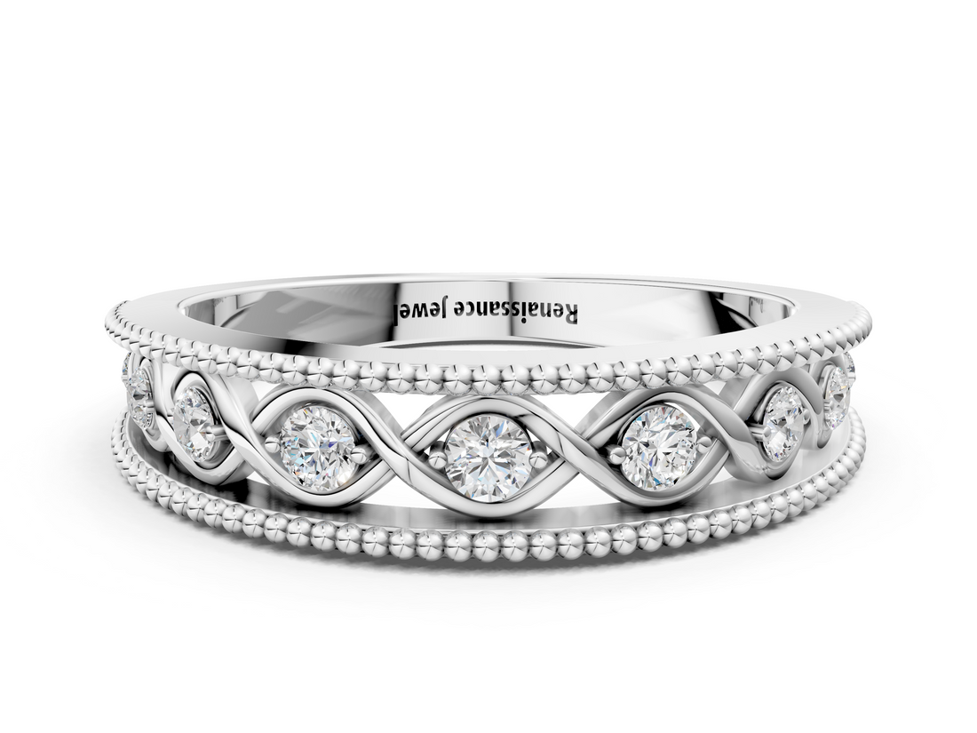 Silver Round Diamond Twist Milgrain Band with Bezel Setting