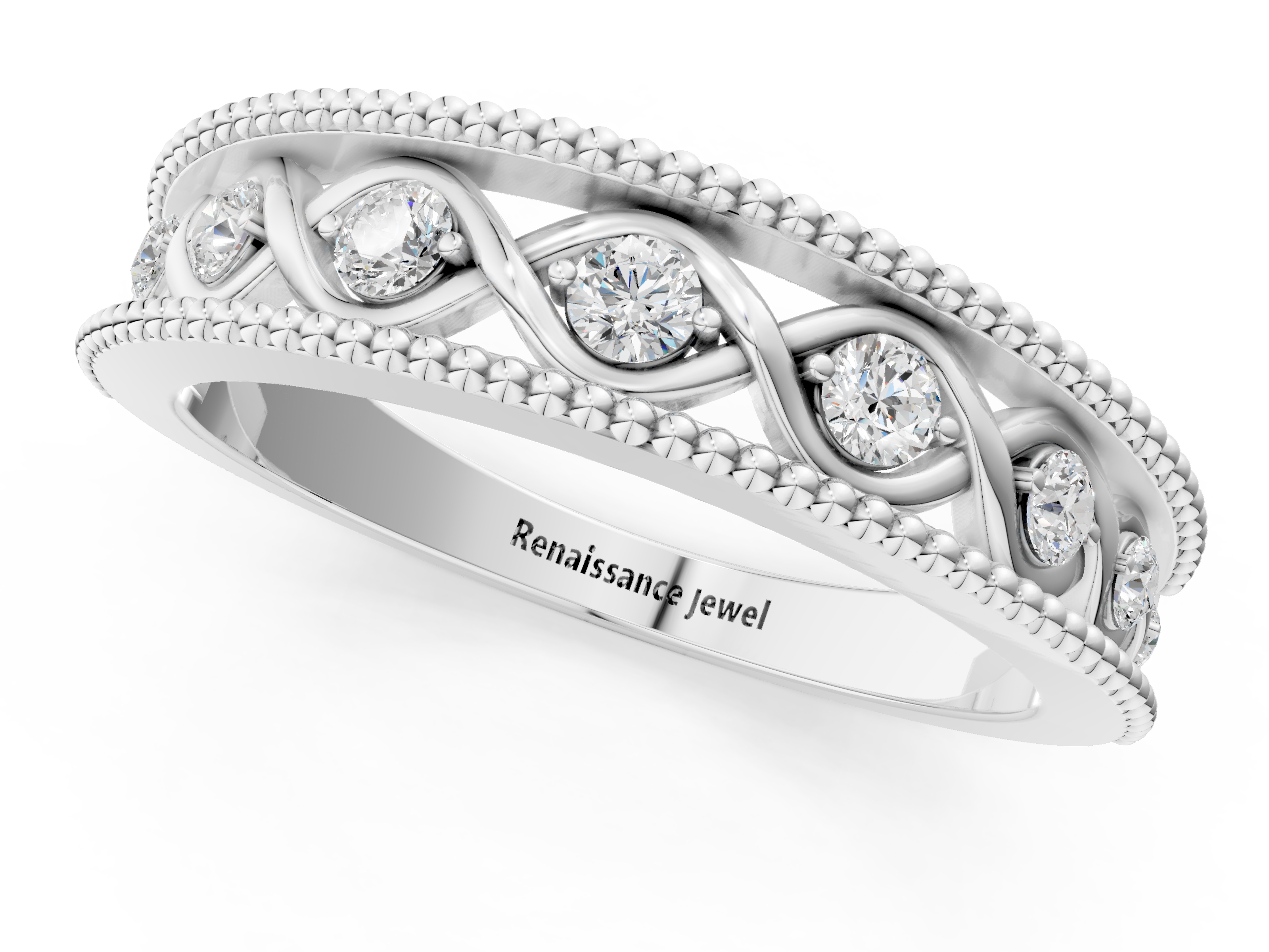 White gold Round Diamond Twist Milgrain Band with Bezel Setting_58