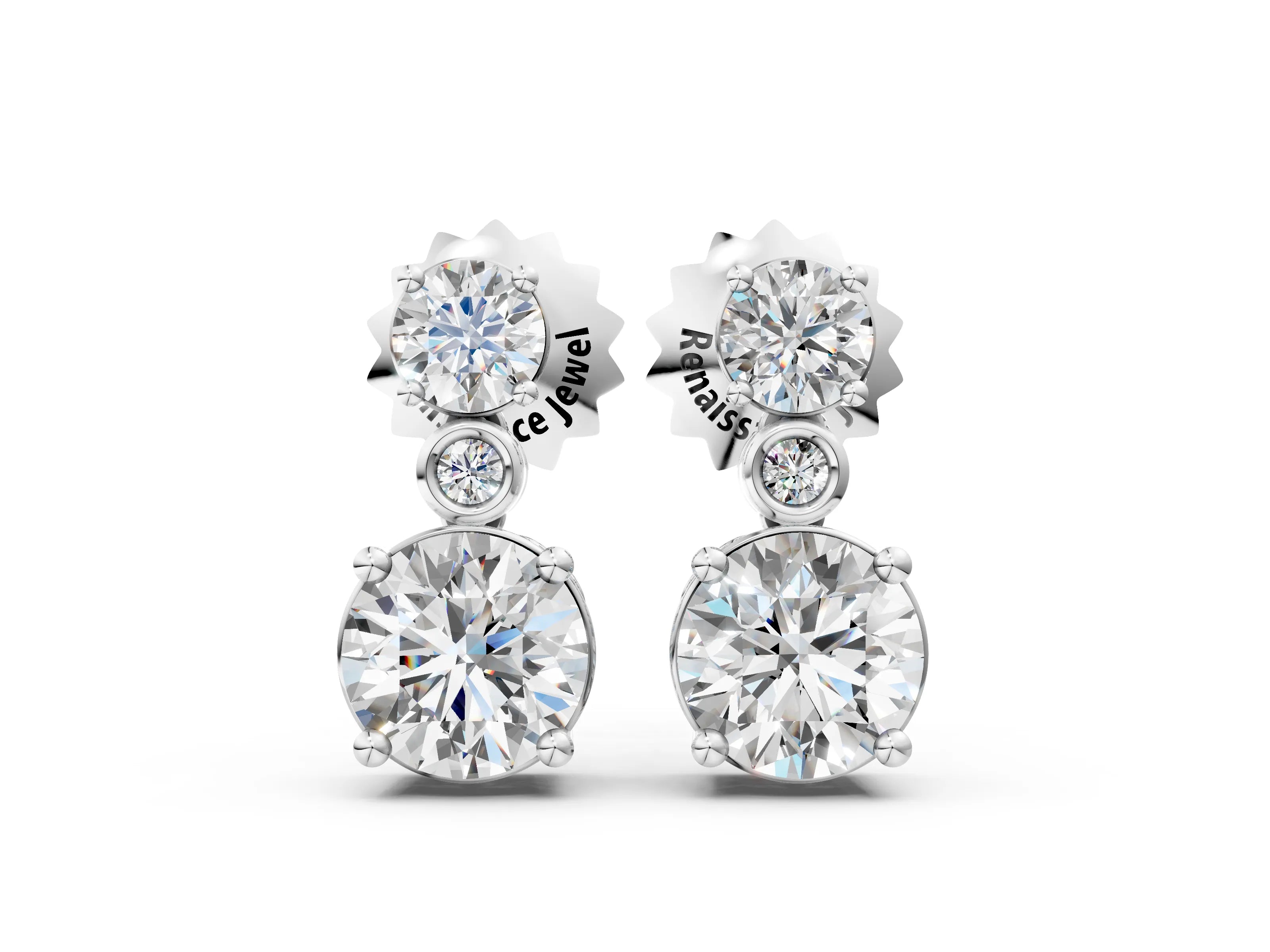 White gold Round Diamond Two Stone Drop Earrings with Bezel Diamond Accent_2