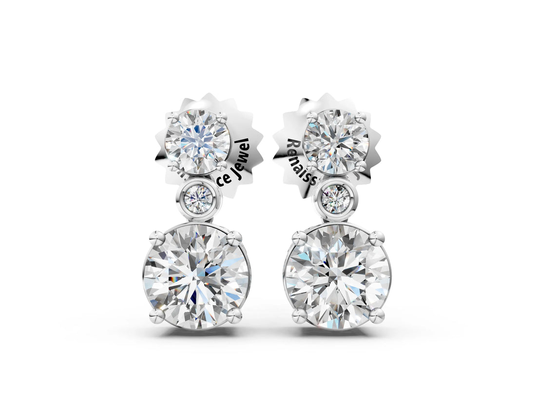 Silver 0.88 Carat E VS Round Diamond Two Stone Drop Earrings with Bezel Diamond Accent