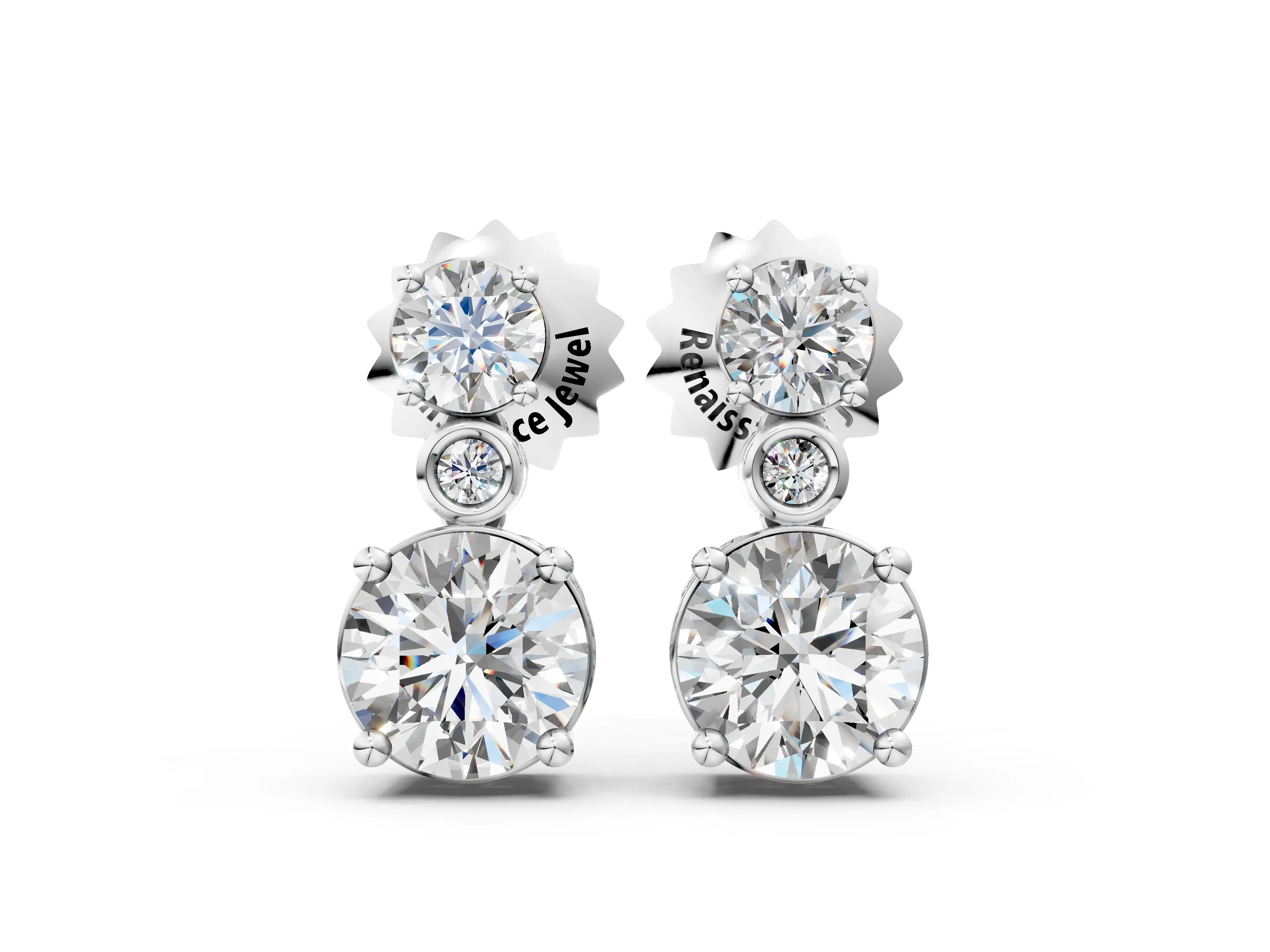 White gold Round Diamond Two Stone Drop Earrings with Bezel Diamond Accent_4