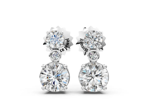 White gold Round Diamond Two Stone Drop Earrings with Bezel Diamond Accent_4