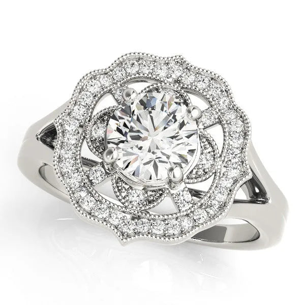 White gold Round Diamond Vintage Floral Halo Ring with Split Shank and Four-Prong Setting