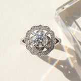 White gold Round Diamond Vintage Floral Halo Ring with Split Shank and Four-Prong Setting_31