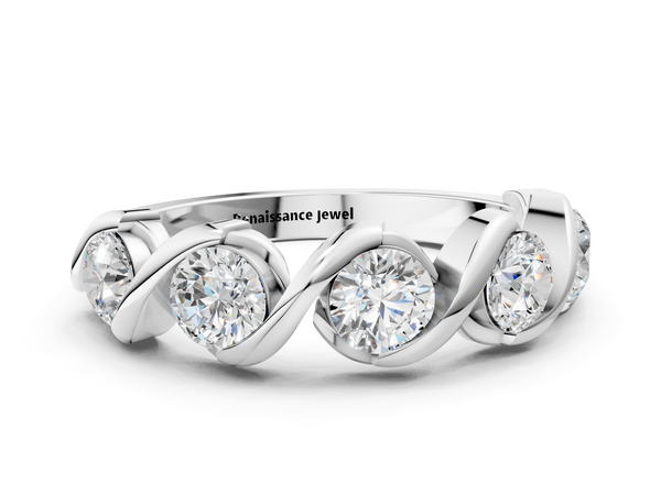 White gold Round Diamond Wave Band with Channel Setting and Shared Prongs