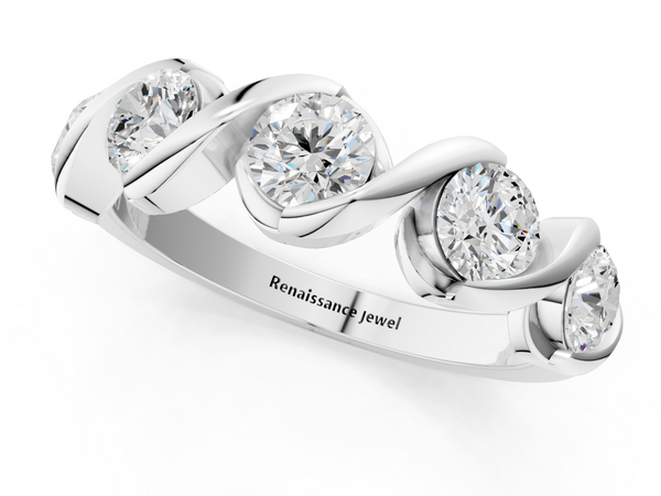 Platinum Round Diamond Wave Band with Channel Setting and Shared Prongs