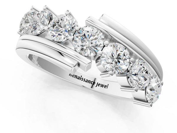 Platinum Round Diamond Wave Band with Channel and Shared Prong Setting