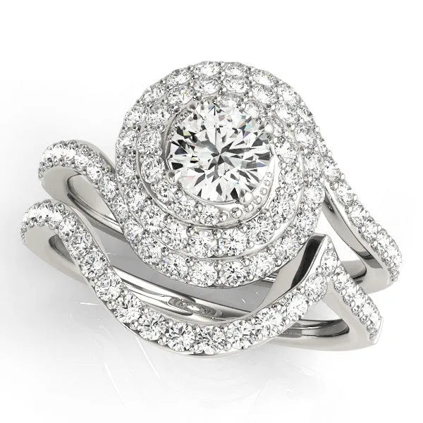 White gold Round Double Halo Diamond Swirl Pave Band Ring