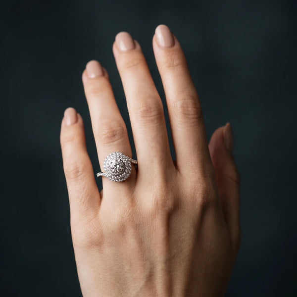 White gold Round Double Halo Diamond Swirl Pave Band Ring