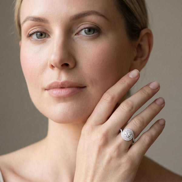 White gold Round Double Halo Diamond Swirl Pave Band Ring