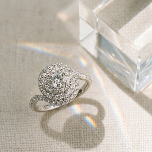 White gold Round Double Halo Diamond Swirl Pave Band Ring
