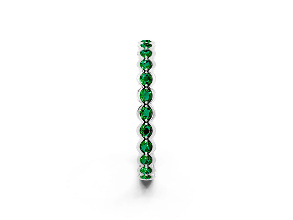 Sterling Silver Round Lab-Grown Emerald Bezel Set Stackable Wedding Band with Scalloped Links