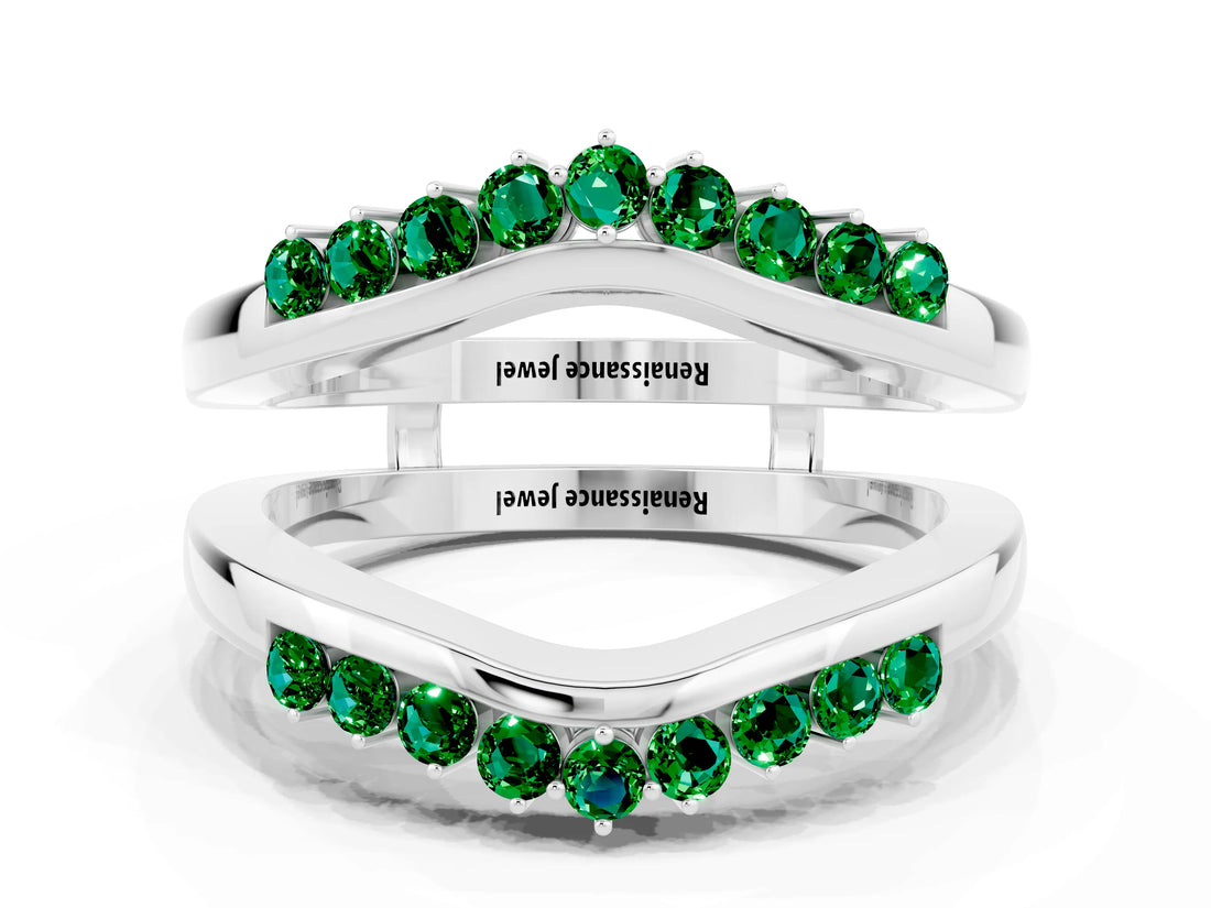 White gold Round Emerald Chevron Contour Band with Prong Setting_6