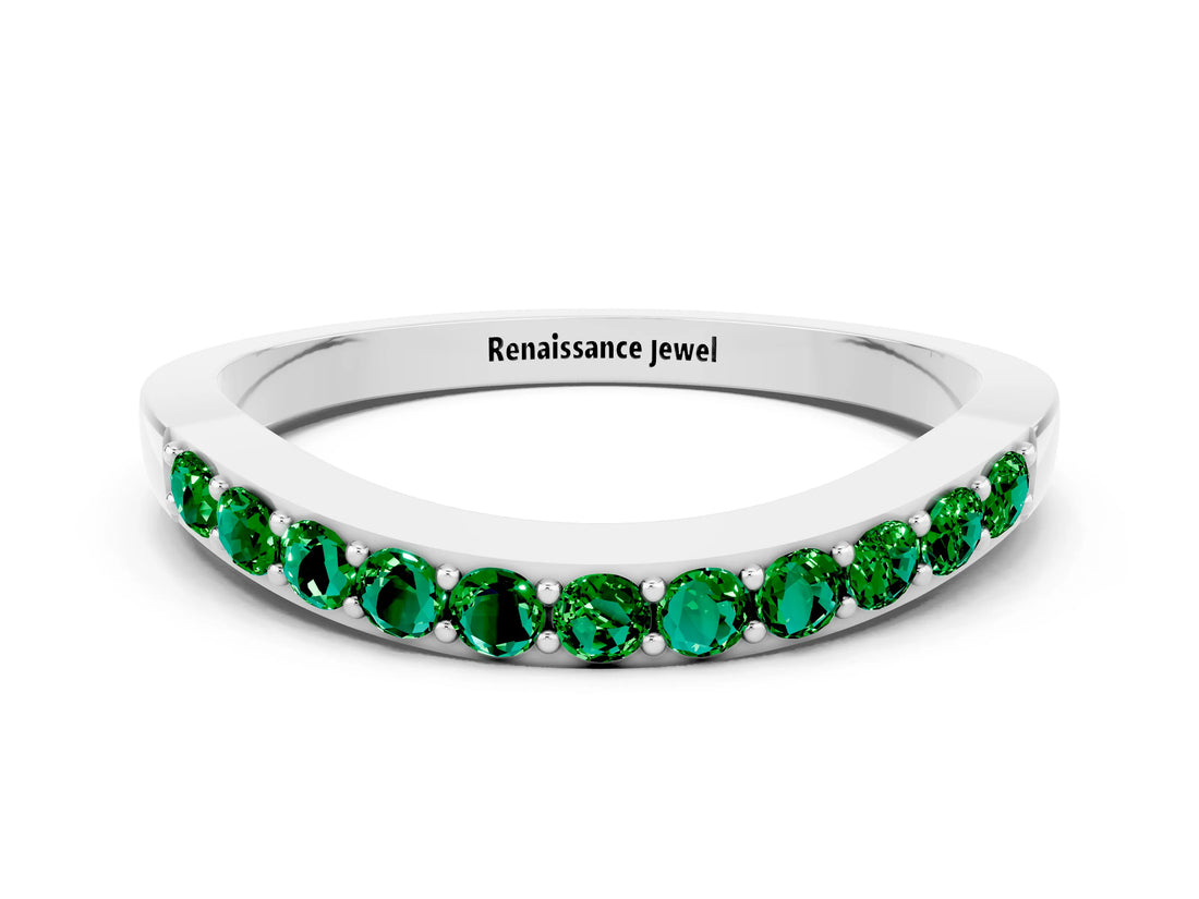 White gold Round Emerald Curved Wedding Band with Channel Setting_6