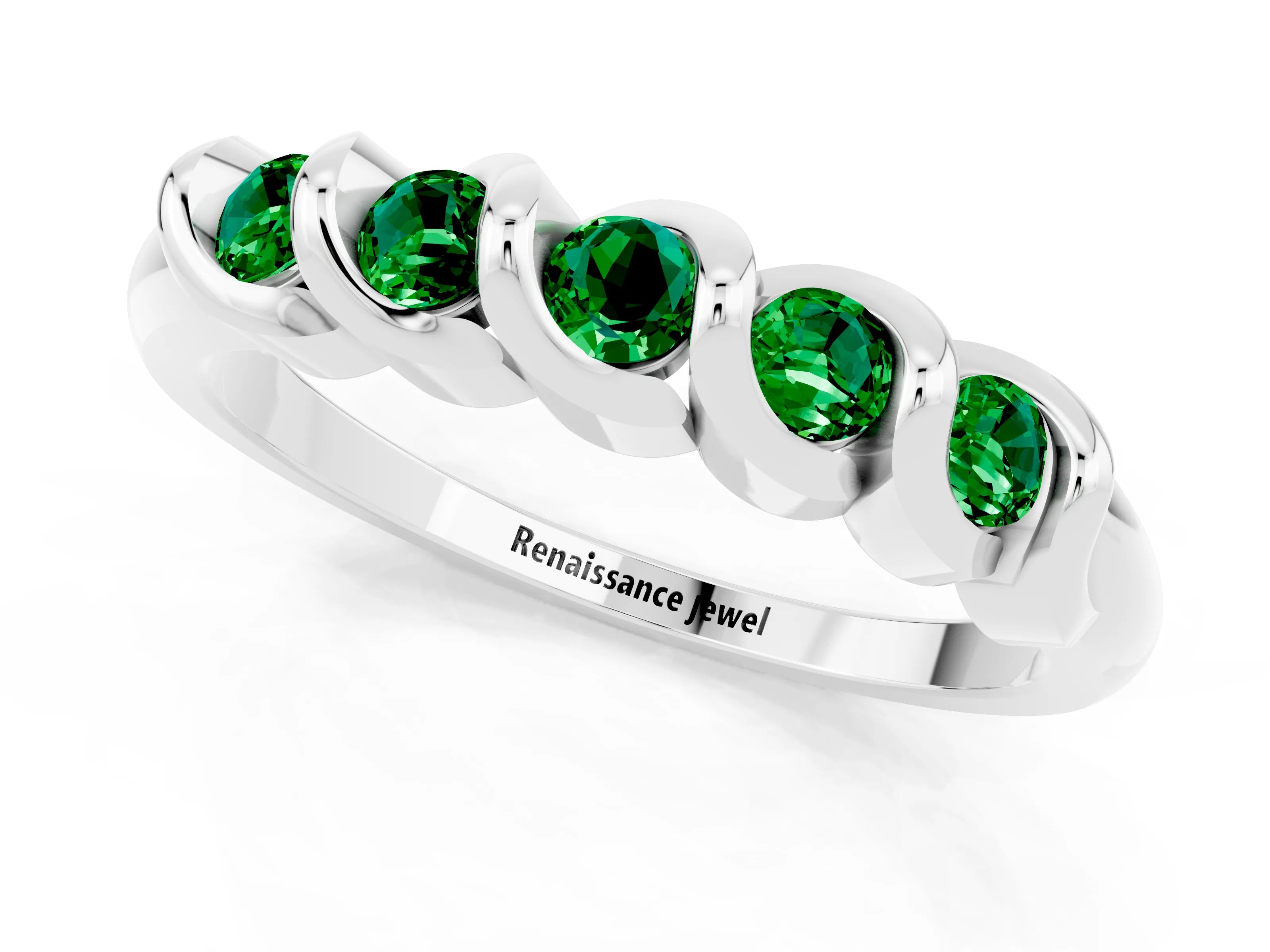 White gold Round Emerald Eternity Band with Twist Prong Setting_13