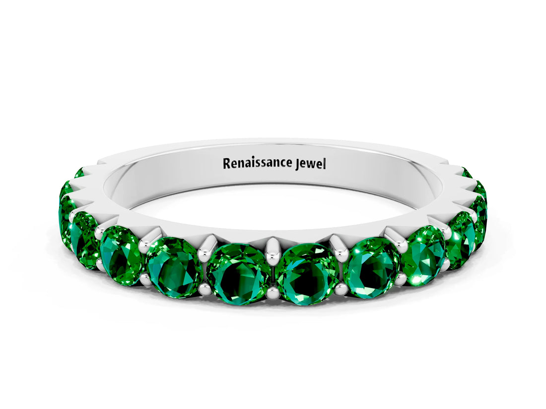 Silver Round Emerald Half Eternity Band with Classic Prong Setting