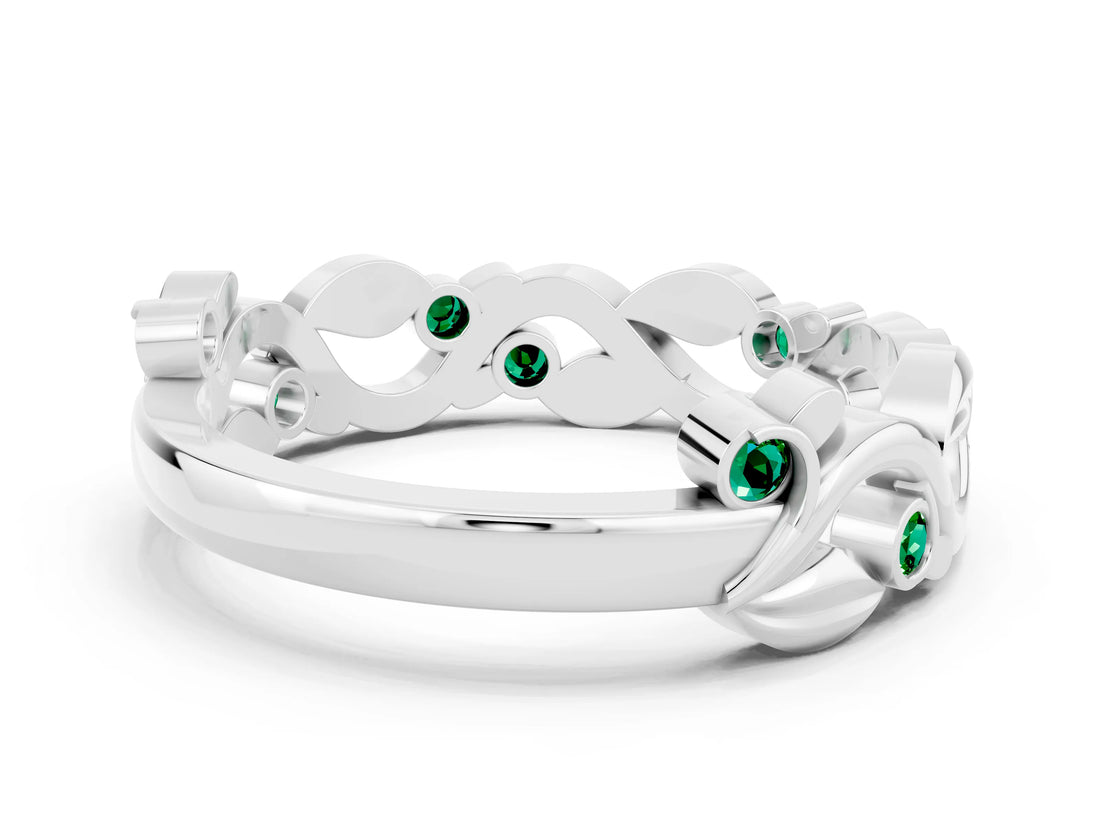 White gold Round Emerald Leaf Eternity Band with Bezel Setting_78