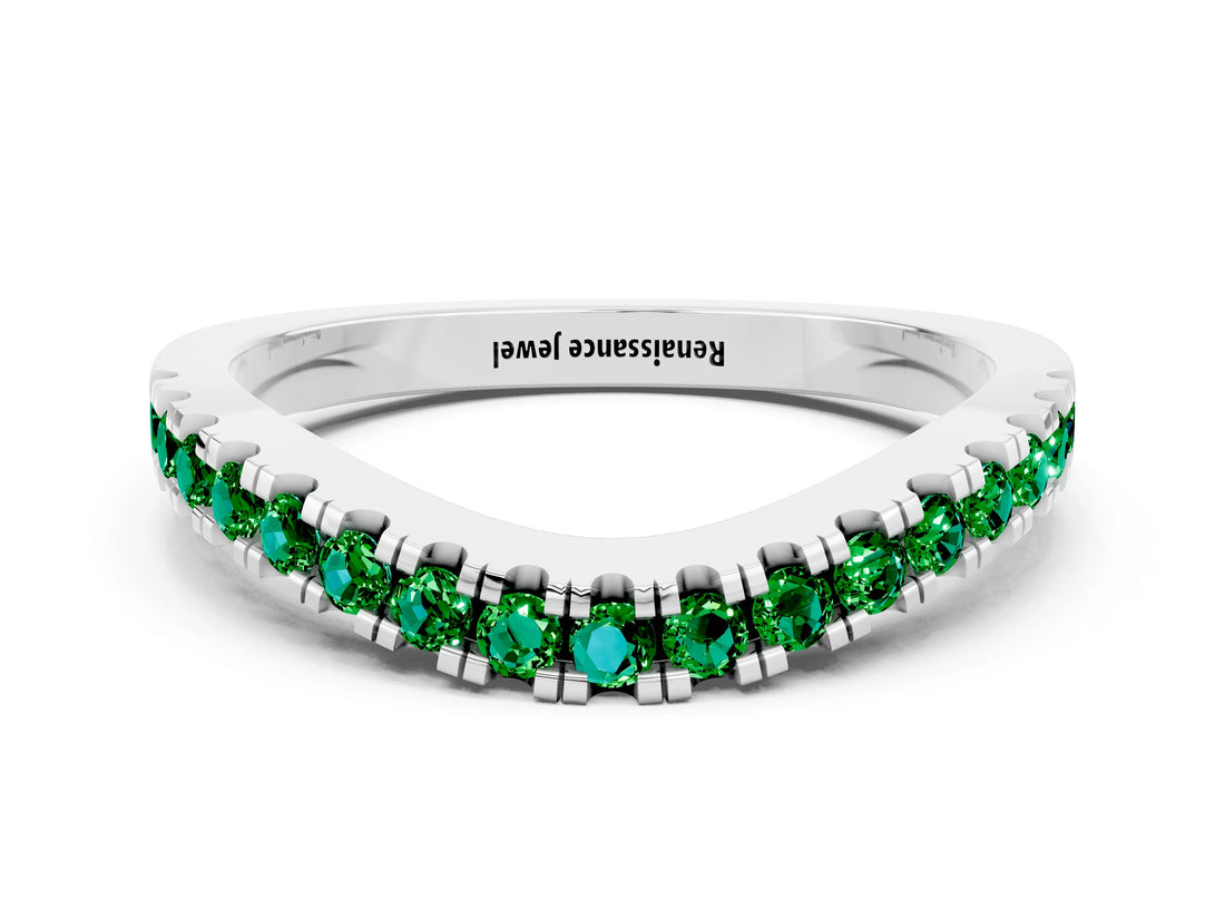 White gold Round Emerald Pavé Curved Band with Shared Prong Setting_6