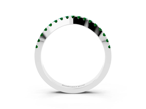 Platinum Round Lab-Grown Emerald Pave Curved Wedding Band with Shared Prong Row
