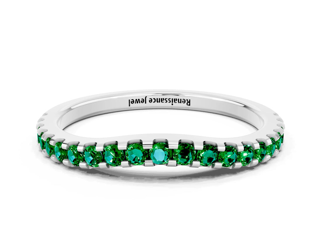 White gold Round Emerald Pavé Set Curved Wedding Band_10