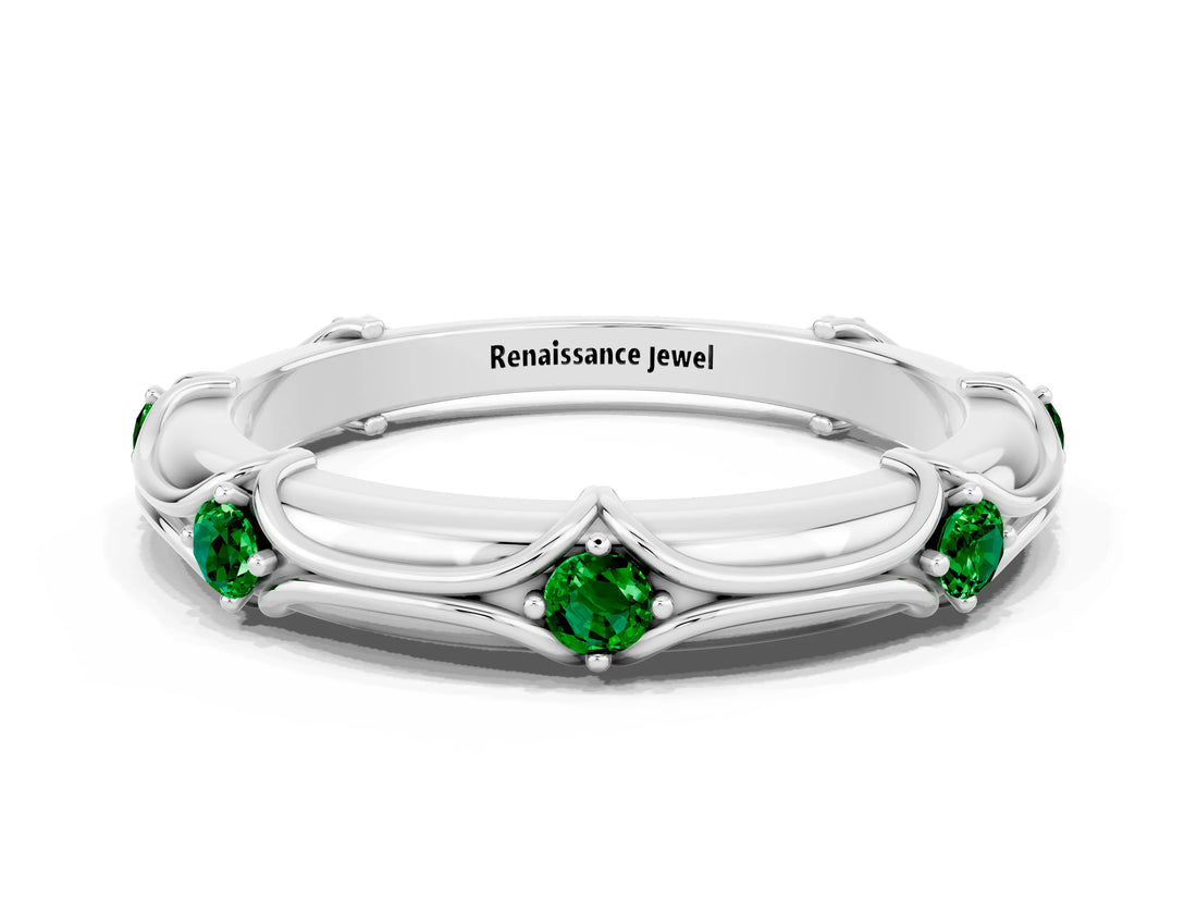 White gold Round Emerald Prong Set Milgrain Eternity Band_18