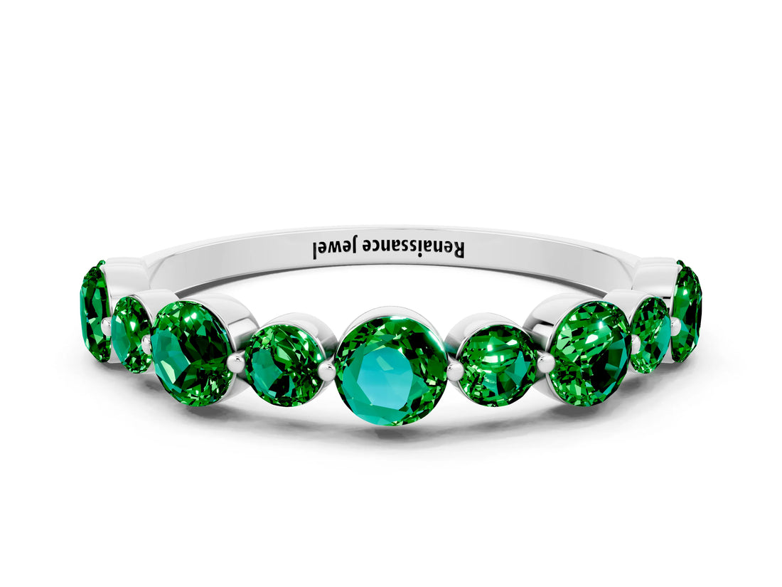 White gold Round Emerald Scalloped Prong Set Eternity Band_18