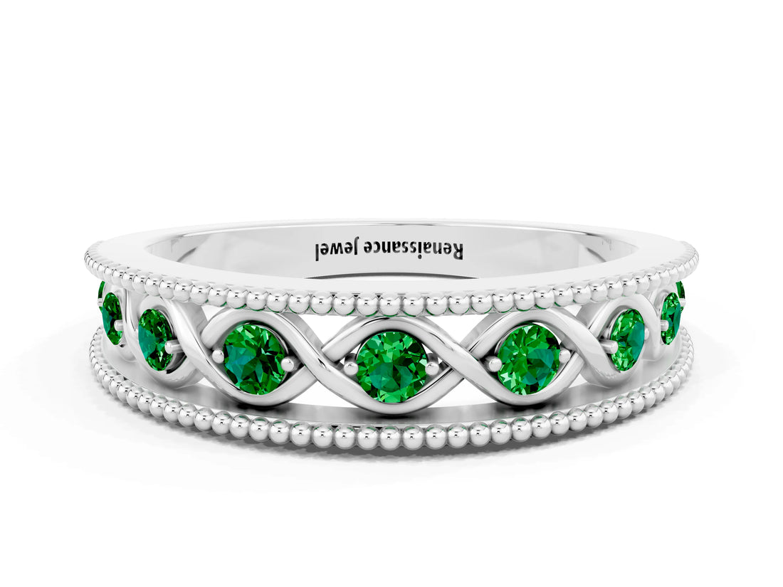 White gold Round Emerald Twist Milgrain Band with Bezel Setting