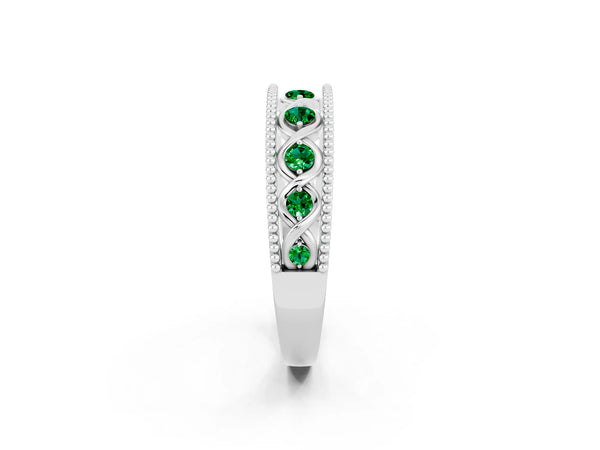 Platinum Round Lab-Grown Emerald Vintage Twist Wedding Band with Milgrain Rails