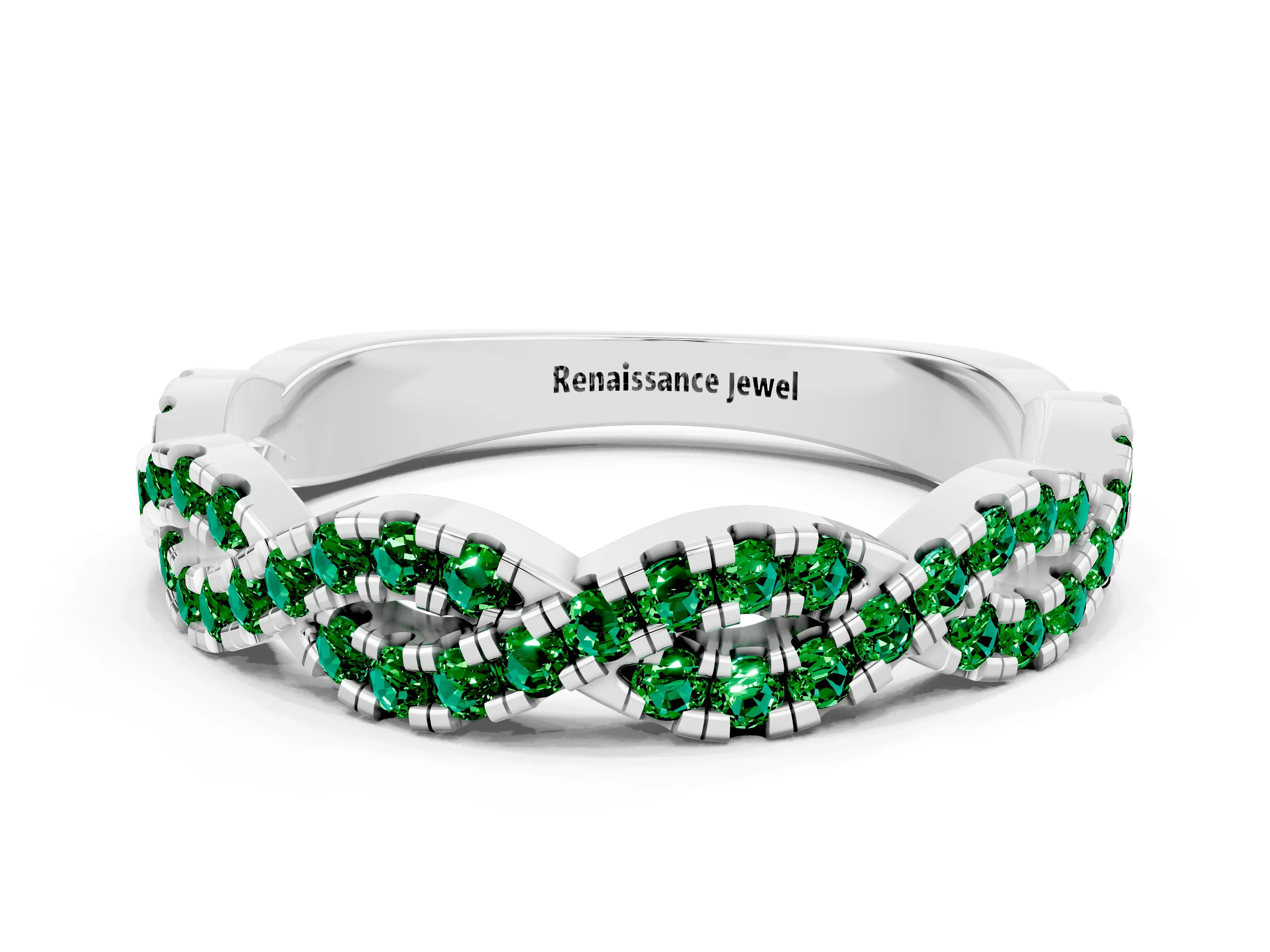 White gold Round Emerald Twisted Eternity Band with Pavé and Shared Prong Setting_6