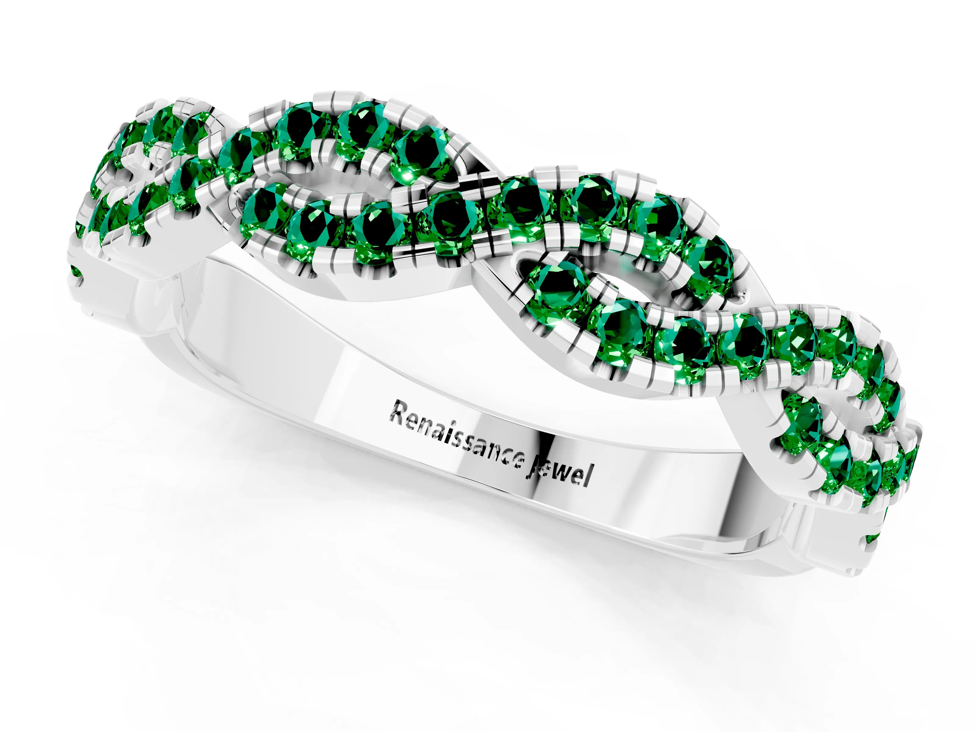 White gold Round Emerald Twisted Eternity Band with Pavé and Shared Prong Setting_7