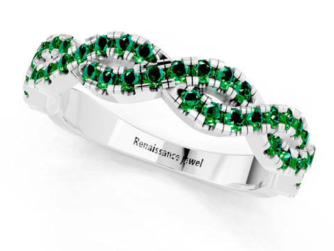 White gold Round Emerald Twisted Eternity Band with Pavé and Shared Prong Setting_7