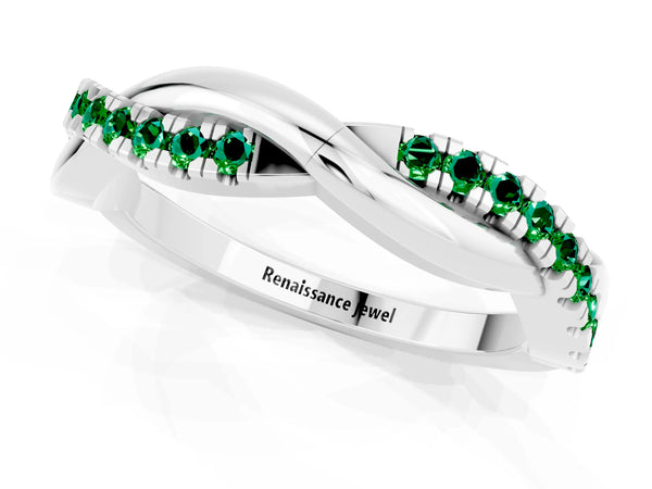 Platinum Round Lab-Grown Emerald Half Eternity Infinity Twist Wedding Band