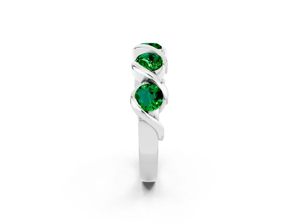White Gold Round Lab-Grown Emerald Five Stone Wave Wedding Band with Partial Bezels