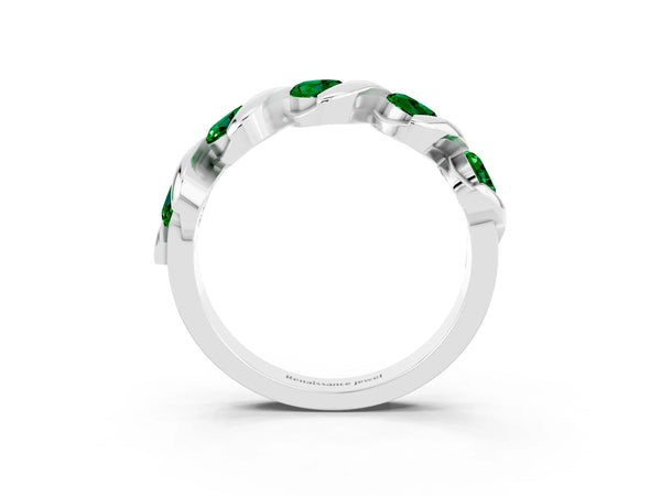 White Gold Round Lab-Grown Emerald Five Stone Wave Wedding Band with Partial Bezels