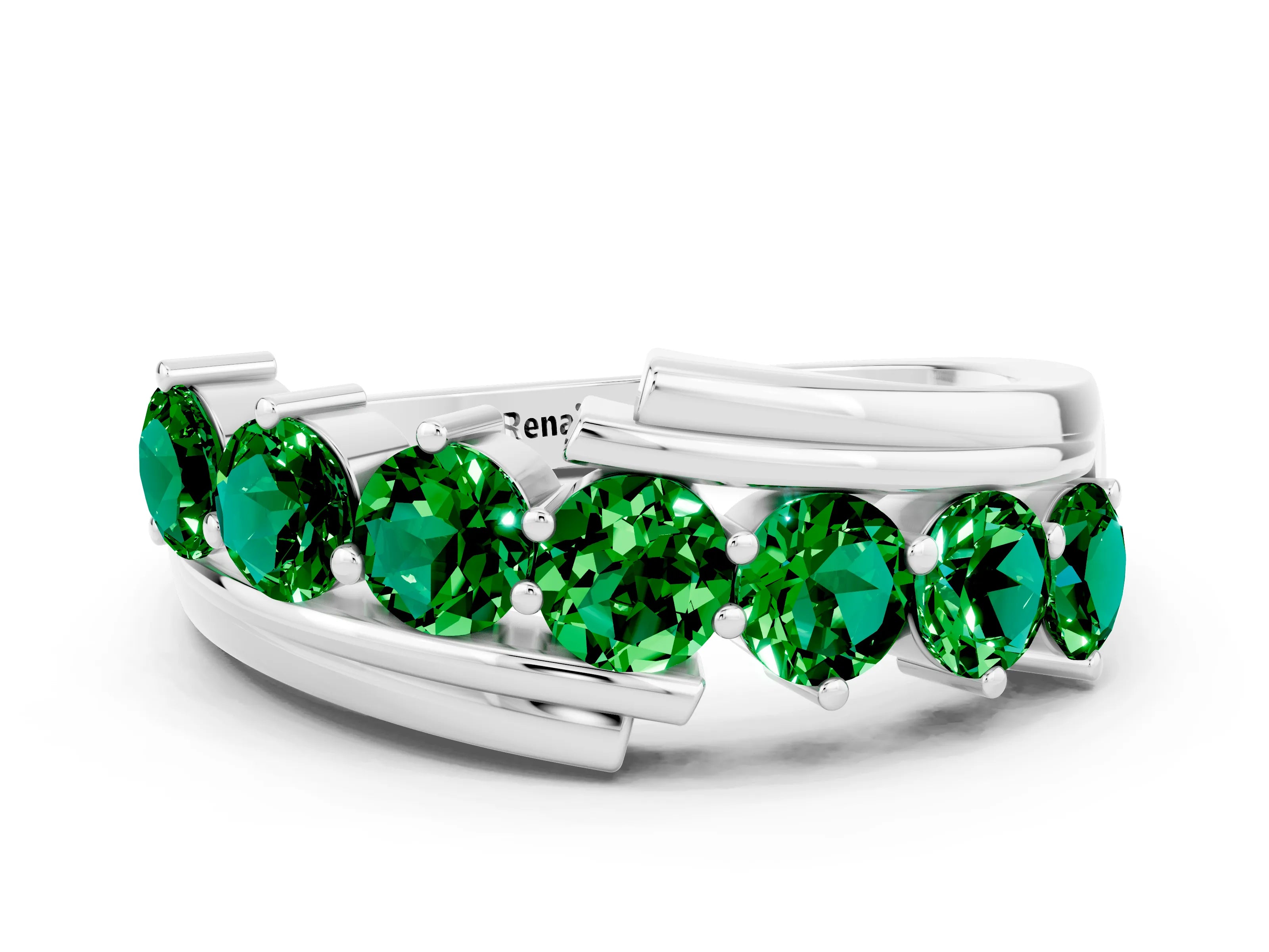 White gold Round Emerald Wave Band with Channel and Shared Prong Setting_18