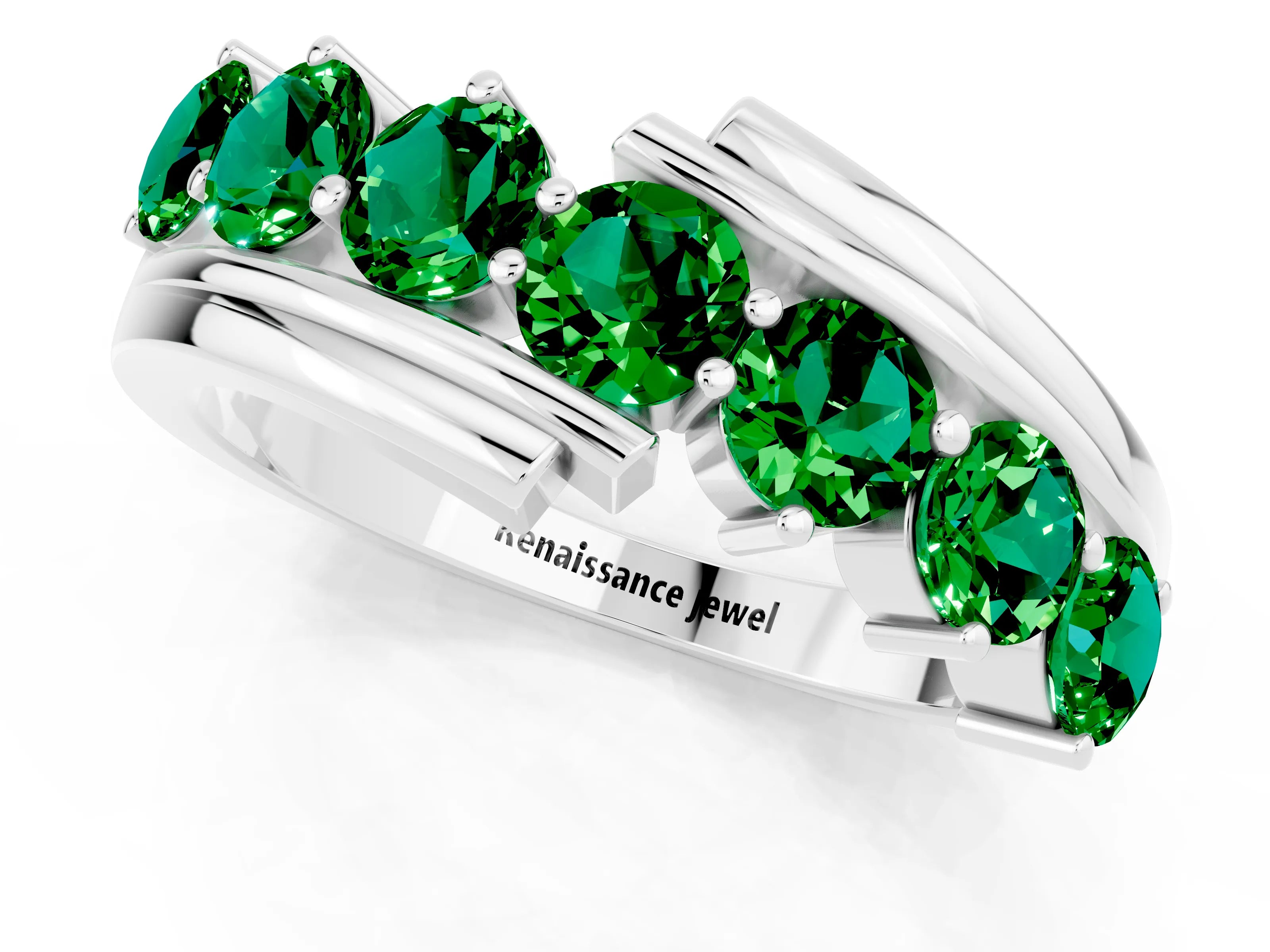White gold Round Emerald Wave Band with Channel and Shared Prong Setting_19