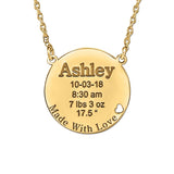 White gold Round Engraved Baby Birth Pendant with Heart Cutout 1