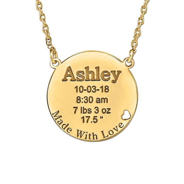 Silver Round Engraved Baby Birth Pendant with Heart Cutout