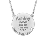 White gold Round Engraved Baby Birth Pendant with Heart Cutout