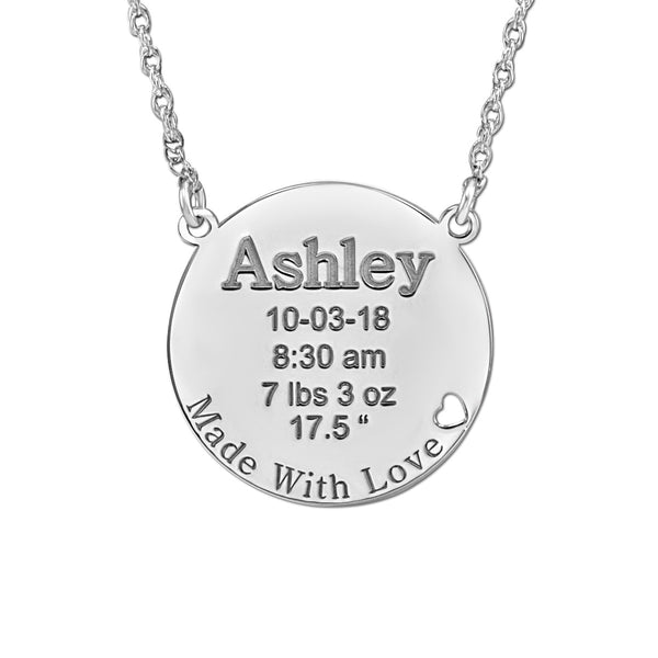 Silver Round Engraved Baby Birth Pendant with Heart Cutout