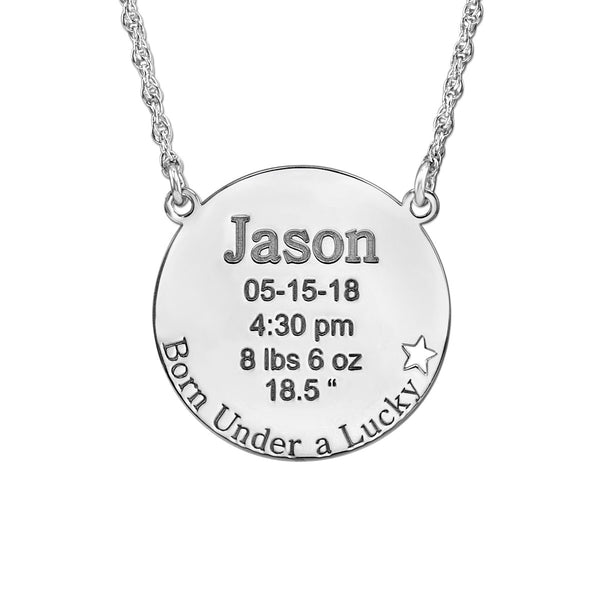 Silver Round Engraved Birthstone Pendant with Star Accent