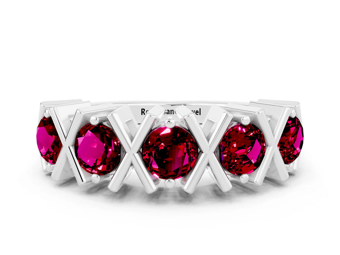 White gold Round Garnet Channel Set Band with X-Prong Detail_6