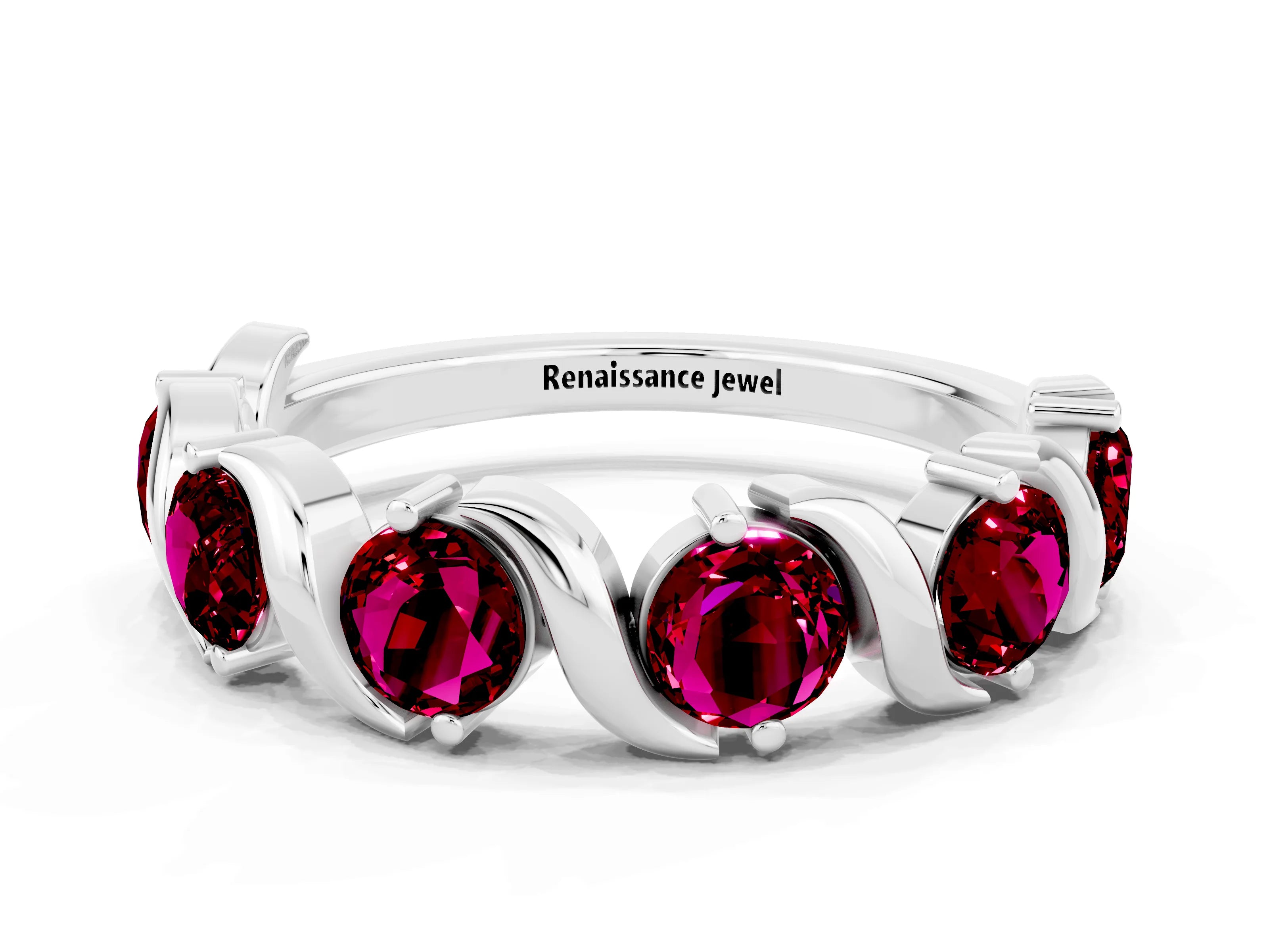 White gold Round Garnet Half Eternity Band with Wave Prong Setting_6