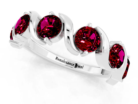 White gold Round Garnet Half Eternity Band with Wave Prong Setting_7