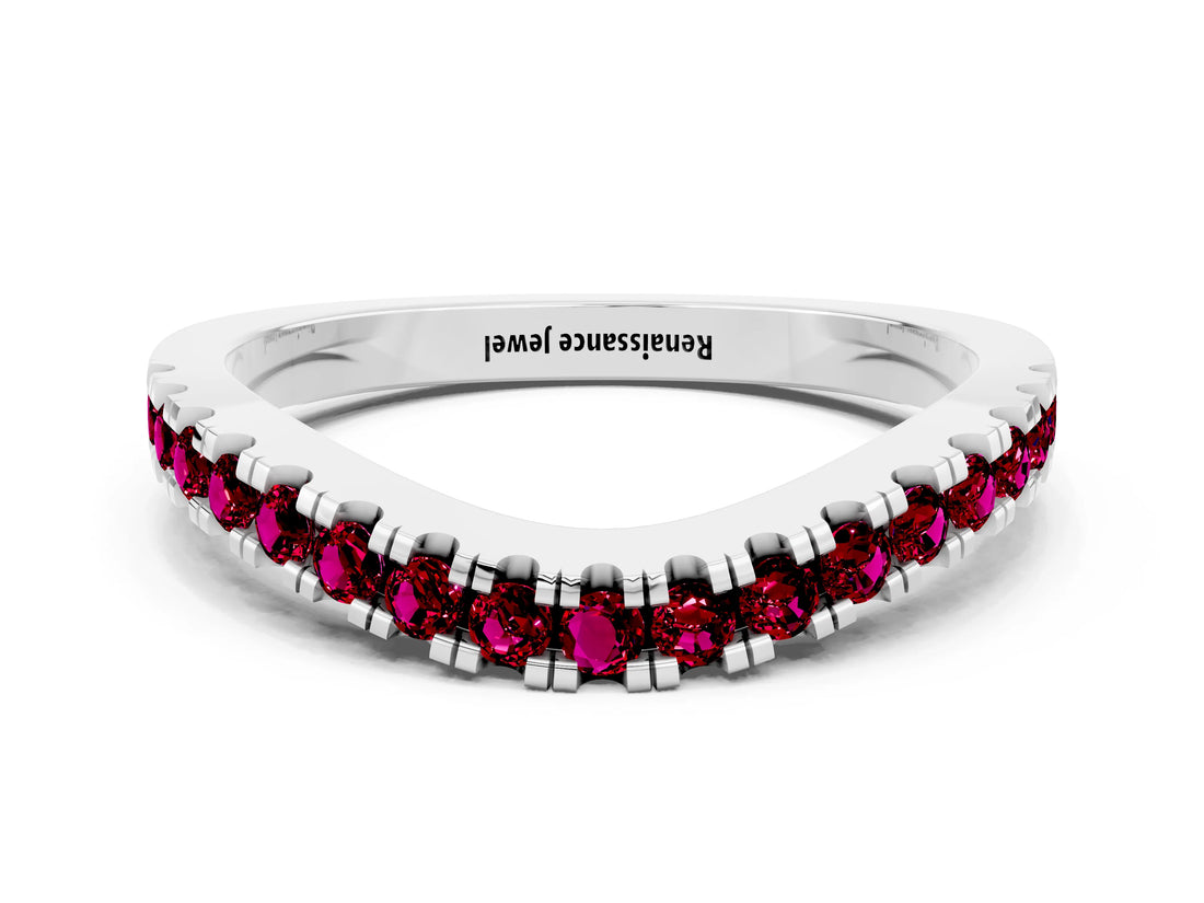 White gold Round Garnet Pavé Curved Band with Shared Prong Setting_6