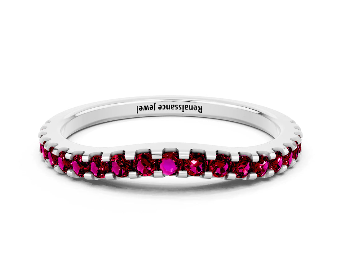 White gold Round Garnet Pavé Set Curved Wedding Band_10